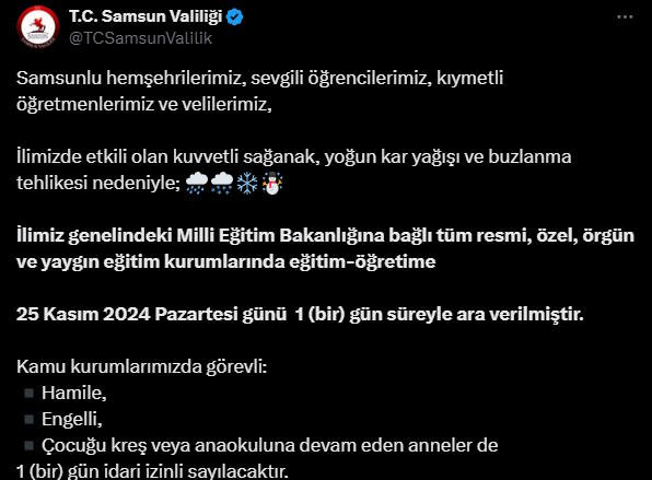 25 Kasım 2024 Kar Tatili Olan İller Listesi